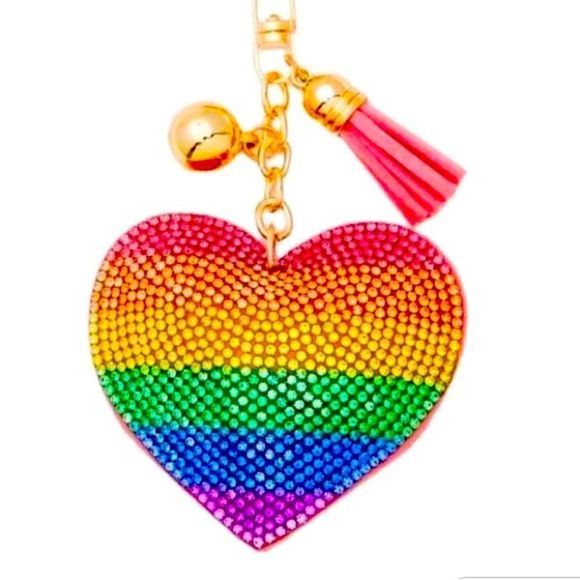 HP 🥰 Rhinestone Rainbow Heart Puffy Tassel Keychain Purse Charm - Picture 1 of 3